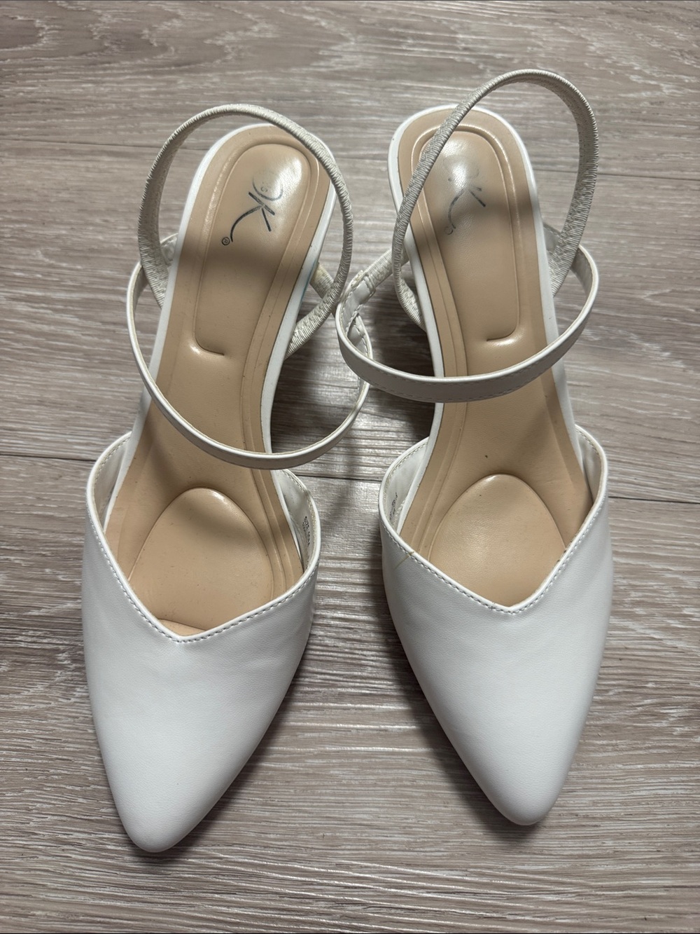 White Pointed Slingback Heels with Ankle Strap - Women